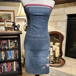 Sfuzi Y2K Denim Strapless Dress Vintage Size 3 Floral Embroidery Sexy Cute